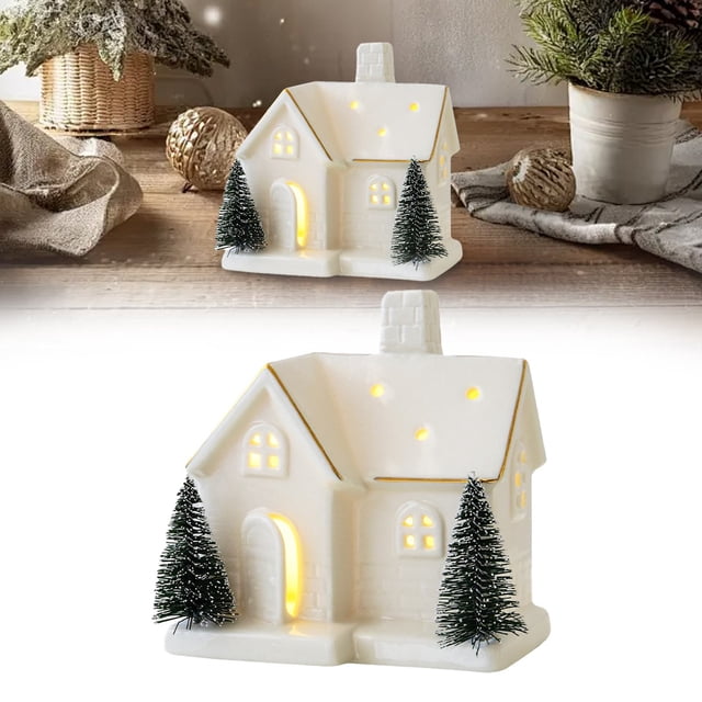 Desktop Ornament,White Christmas Houses Light Up Ceramic Miniature Christmas Village Houses Accessories Led Lighted Tabletop Paintable House Figurines Battery Operated Diy Home Decor Gift