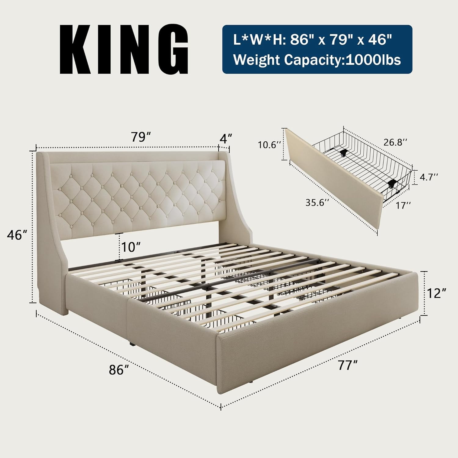 Galnfu King Size Bed Frame with 4 Storage Drawers, Giant Upholstered Wingback Headboard, Fast Charging Station, No Box Spring Needed, Noise-Free,Beige