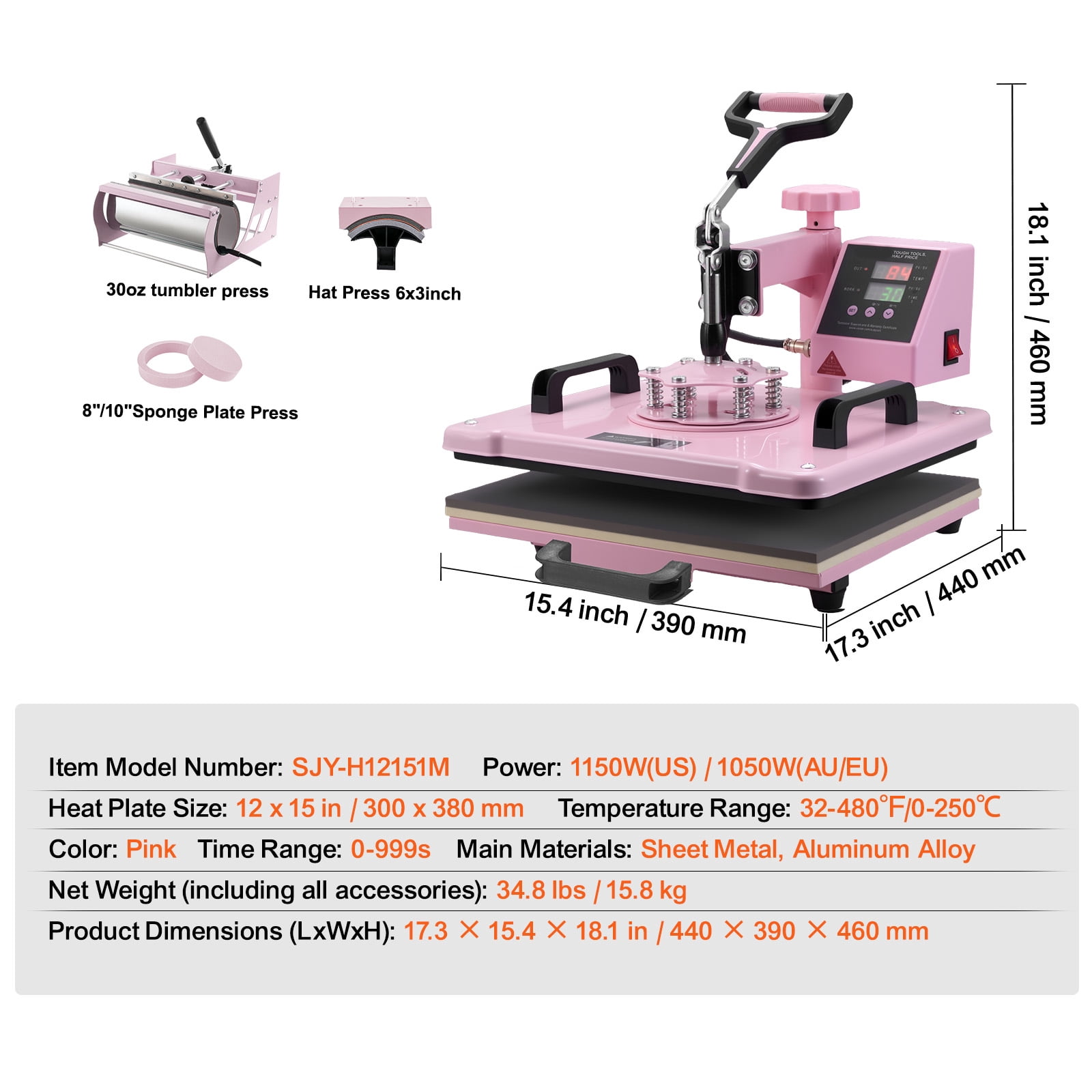 KFFKFF Heat Press, 12x15 inch, 5-in-1 Transfer Tool with 30 oz Cup Press, Swivels 360° for T-Shirt/Mug/Hat/Plate Crafting, Digital Control, Pink
