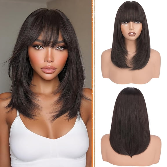 Blonde Bob Wigs with Bangs Shoulder Length Straight Natural Looking Synthetic Heat Resistant Medium Hair Wigs for Women Daily Party, 16 Inch Dirty Blonde