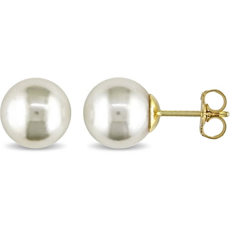 Miabella 9-10mm White Round Cultured Pearl 14kt Yellow Gold Stud Earrings