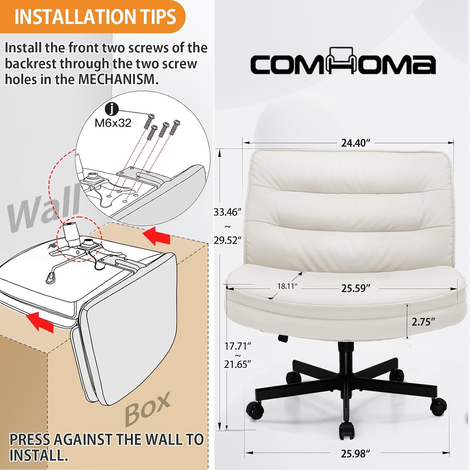 COMHOMA Armless Office Desk Chair, Criss Cross Chair with Wheels, PU Leather Padded Cross Legged Office Chair, Wide Seat Adult Vanity Chair for Home Office , Beige