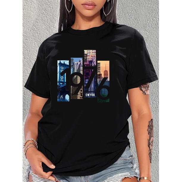 Camiseta Ligera de verano para mujerGraphic Print Round Neck Sports T-shirt, Short Sleeve Running Casual Tops, Women's ActivewearFather's Day, Mother's Day, New Year, Spring Festival, Valentine's Da