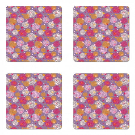 

Floral Coaster Set of 4 Illustration of Flowers and Hearts in Spring Colors Blooming Feels Square Hardboard Gloss Coasters Standard Size Mauve Orange by Ambesonne