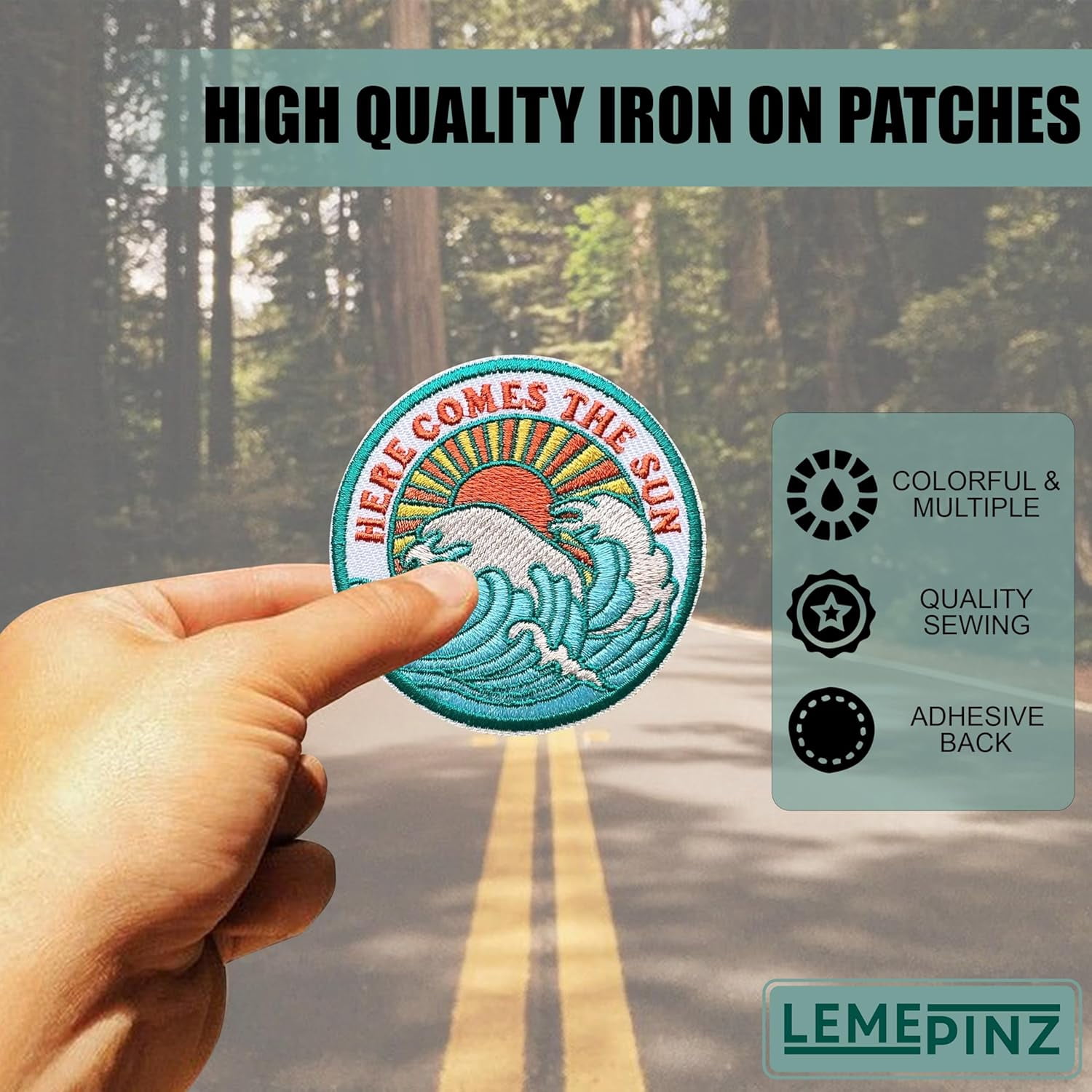 Here Comes The Sun 3 Inches Embroidery Patch, Waves Iron On/Sew On Travel Embroidered Applique Patch, Travel Patches, Fabric Patches for Clothes Backpacks Hats, Summer DIY Accessories Gifts