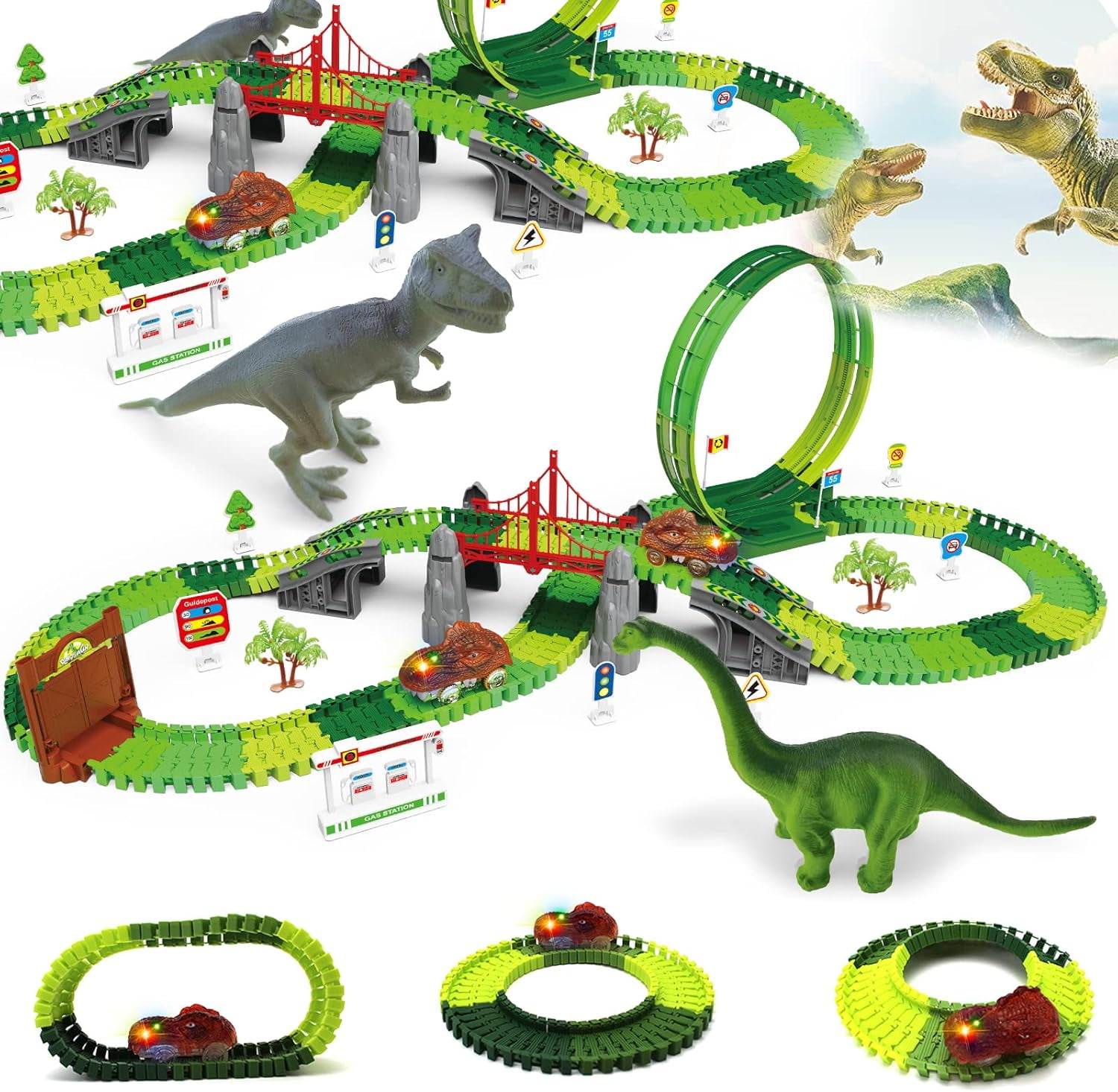 CELMAN Pista De Carreras De Dinosaurios – Juego Flexible Con Loop De 360° Y Puente Elevador – Incluye Coche Y 8 Figuras – Regalo Educativo Para Niños +3 Años