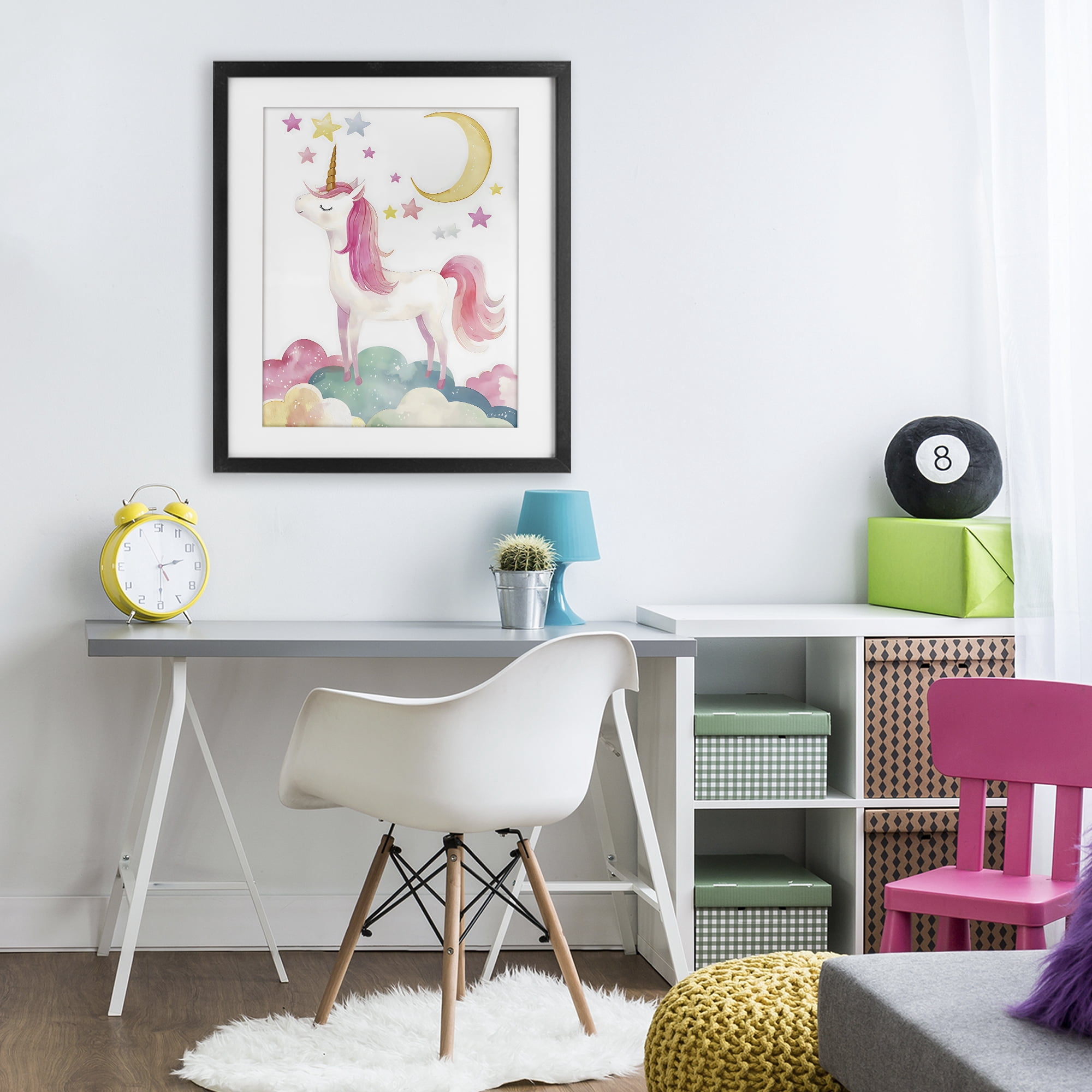 Stupell Industries Unicorn Standing On Clouds Black Framed Print Under Glass, design by Creative Studio