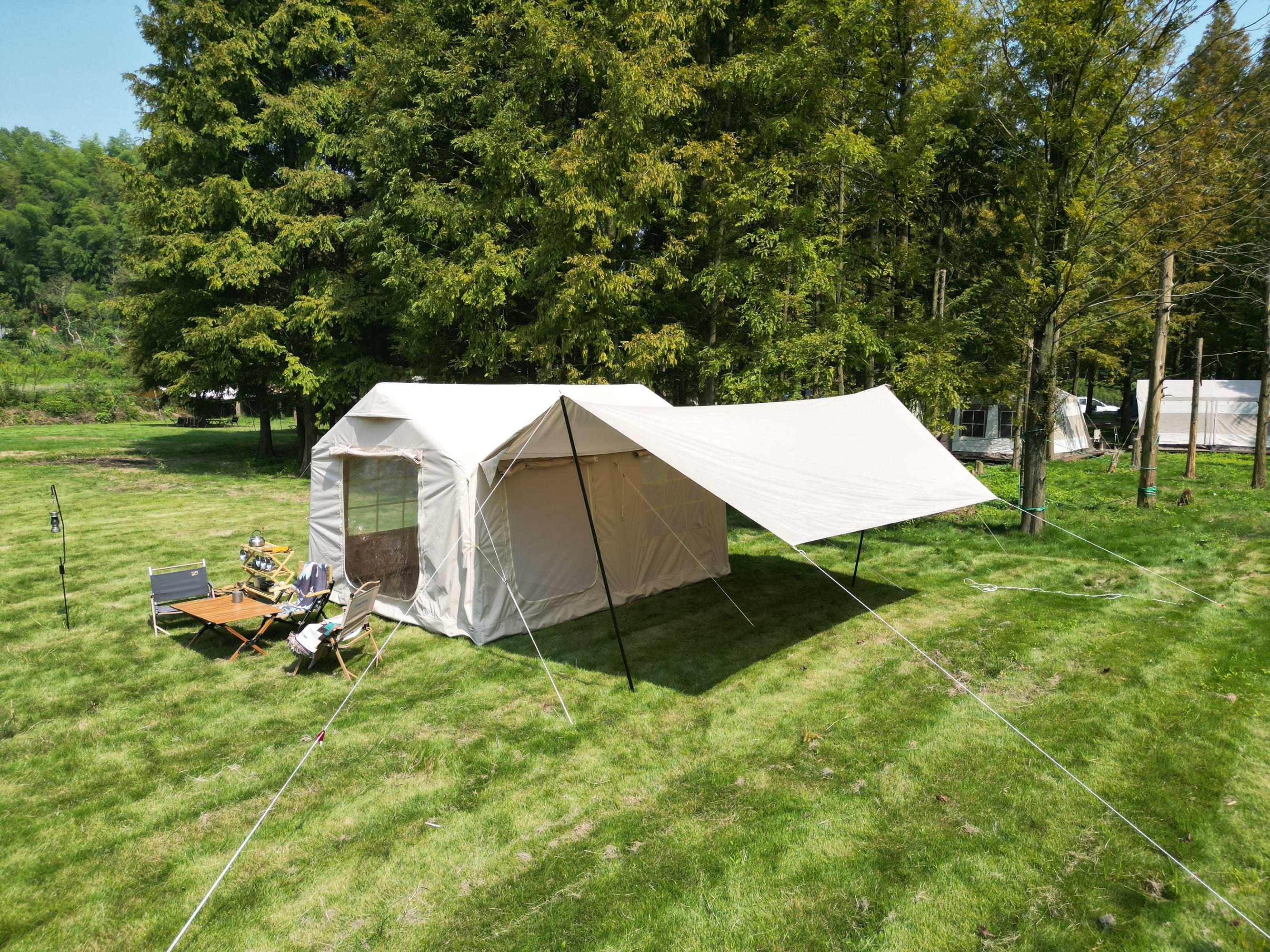 Homefun 10x13ft Inflatable Camping Tent Canopy All Weather Airbeam Glamping Instant Setup Waterproof Windproof Hand Pump Beige
