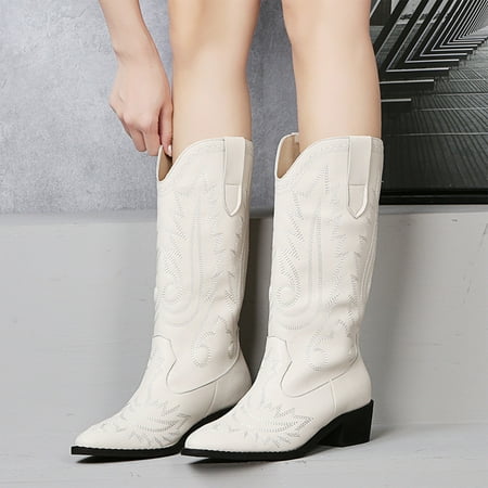 

LIDYCE Western Boots Women s Leather Cowgirl Boot Riding Boots Women Fashion Cowboy Boots High Tube Embroidered Rider But Knee Boots Thick Heel Boots White 8