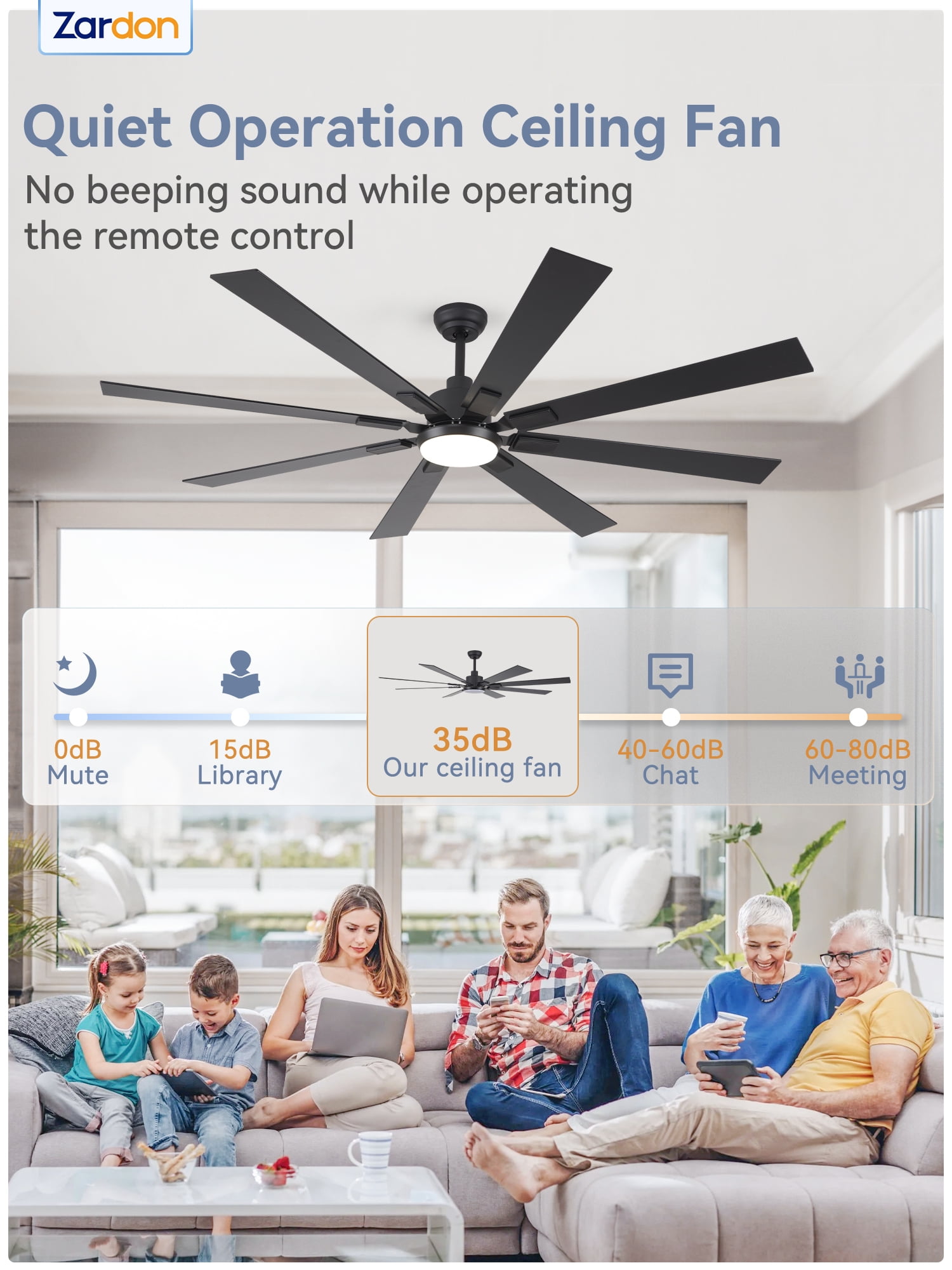 Zardon 72 inch Modern Ceiling Fan with Light and Remote Control, Large Ceiling Fan with Quiet DC Motor, 6 Speeds, 8 Reversible Blades for Indoor Outdoor Space- Black