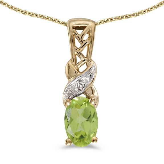 10k Yellow Gold Oval Peridot And Diamond Pendant with 18" Chain