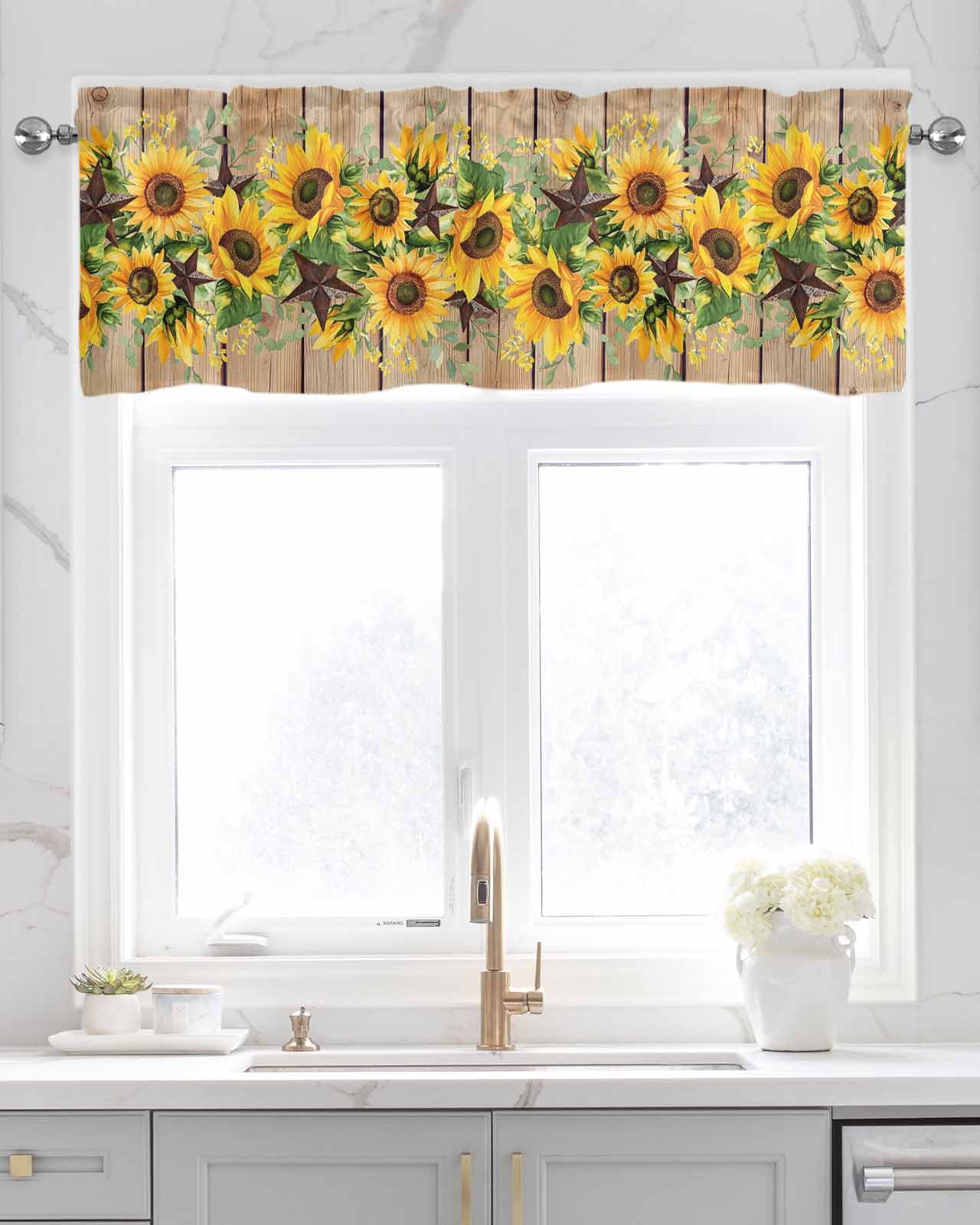 Brown Sunflower Kitchen Valances for Windows Farmhouse Linen Window Valance Curtain for Living Room Window Treatment Rustic Country Star Spring Summer Wooden Valance Rod Pocket Topper, 42 x 18 Inch