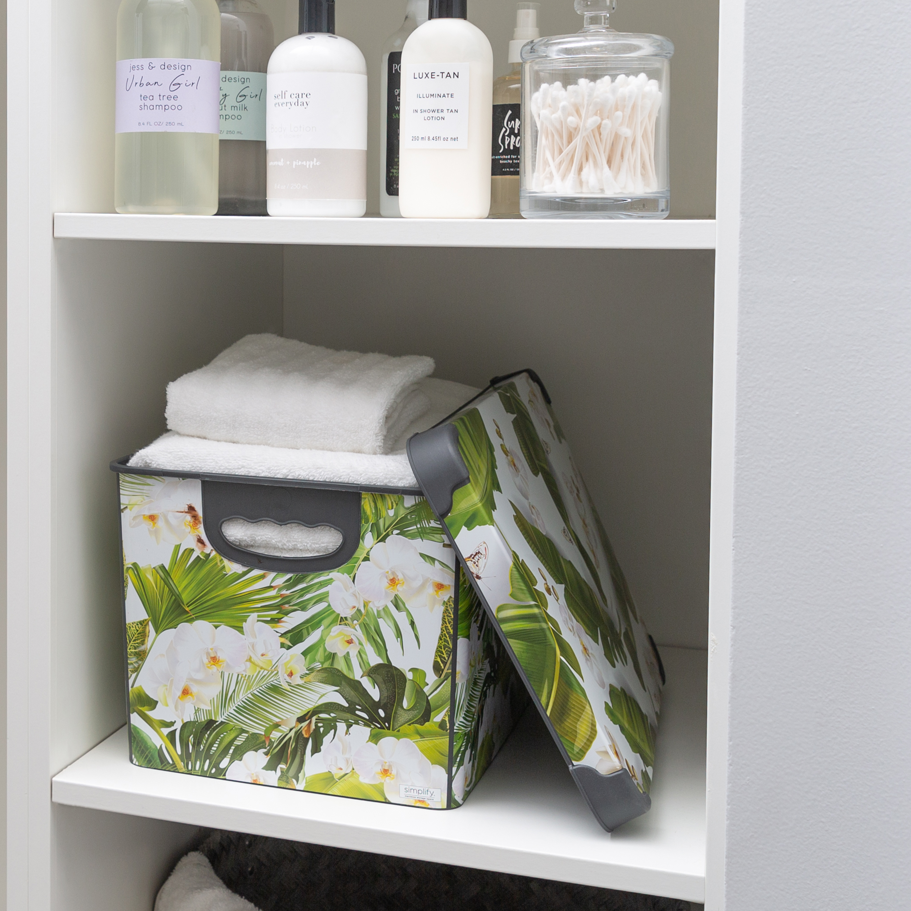 Simplify 2 Pack Tropical Leaf Print Design Plastic Storage Bin, White