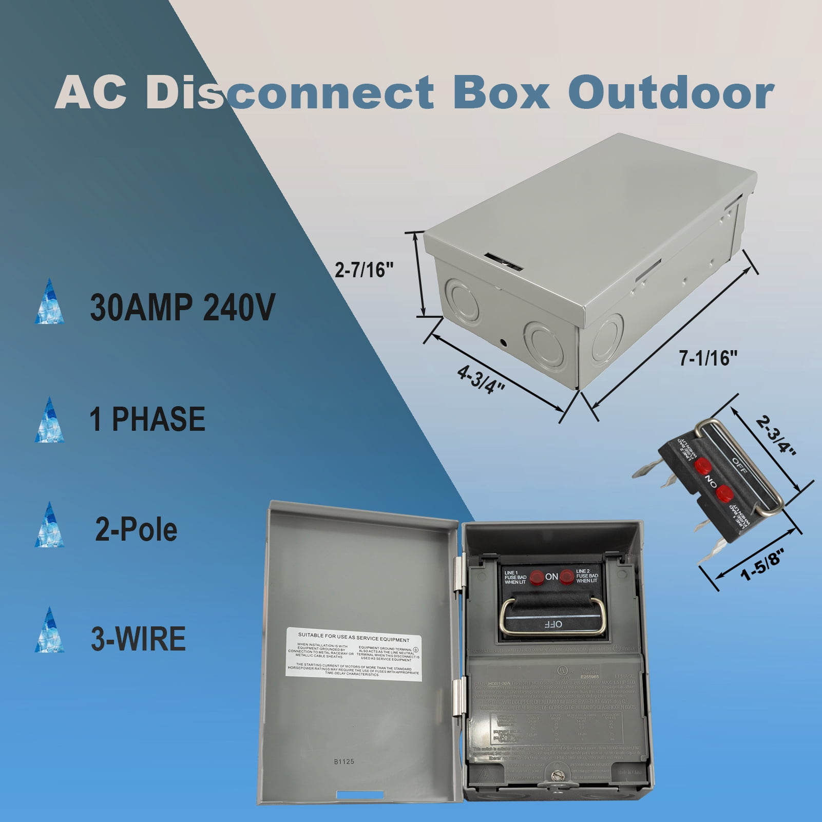 HIITIO 240V 30A AC Disconnect Box, Fused 1 Phase 3-Wire, Outdoor Waterproof Metal Enclosure with Pull-Out Switch for HVAC, Air Conditioner & Condenser Units - UL Listed
