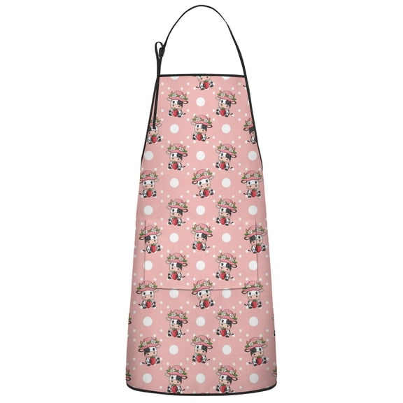 Pink Cow Strawberry Hat Pattern Apron-Garden Aprons for Women with Pockets-Cotton Linen Waterproof Kitchen Cooking Gardening Aprons Adjustable for Kitchen,Cooking,BBQ and Salon 33x27 Inch