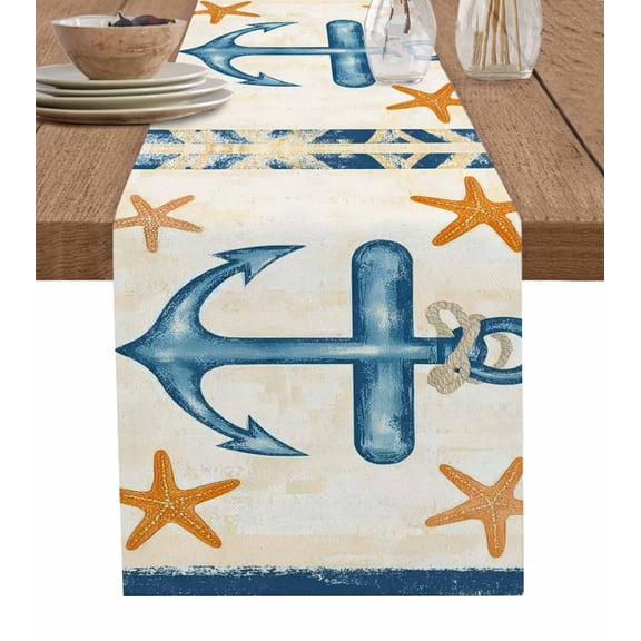Hokiten Table Runners 120 Inches Long Dress Scarves, Summer Nautical Blue Farmhouse Coffee/Dining/Kitchen Table Runner for Living Room, Ocean Anchor Starfish Striped 13x120 Inch