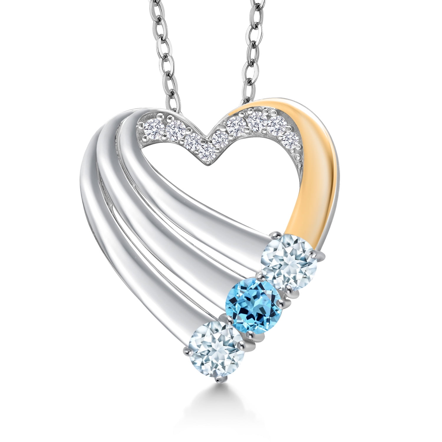 Gem Stone King 925 Silver and 10K Yellow Gold Sky Blue Aquamarine and Swiss Blue Topaz and White Lab Grown Diamond Heart Pendant for Women | 0.96 Cttw | Gemstone March Birthstone | With 18 inch Chain