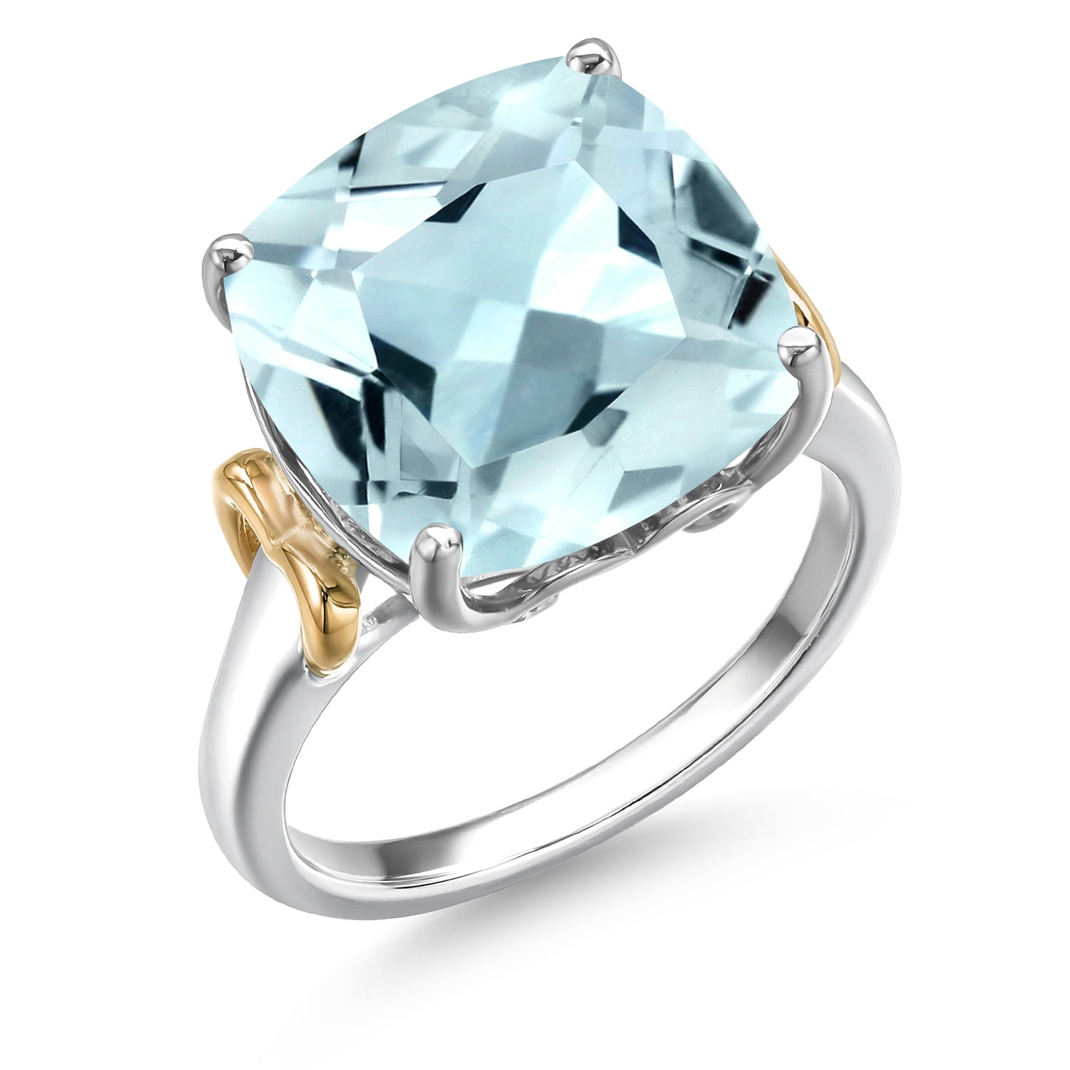Gem Stone King 925 Silver and 10K Yellow Gold Sky Blue Simulated Aquamarine Solitaire Engagement Ring for Women | 6.00 Cttw | Cushion 12MM | Gemstone March Birthstone | Size 5