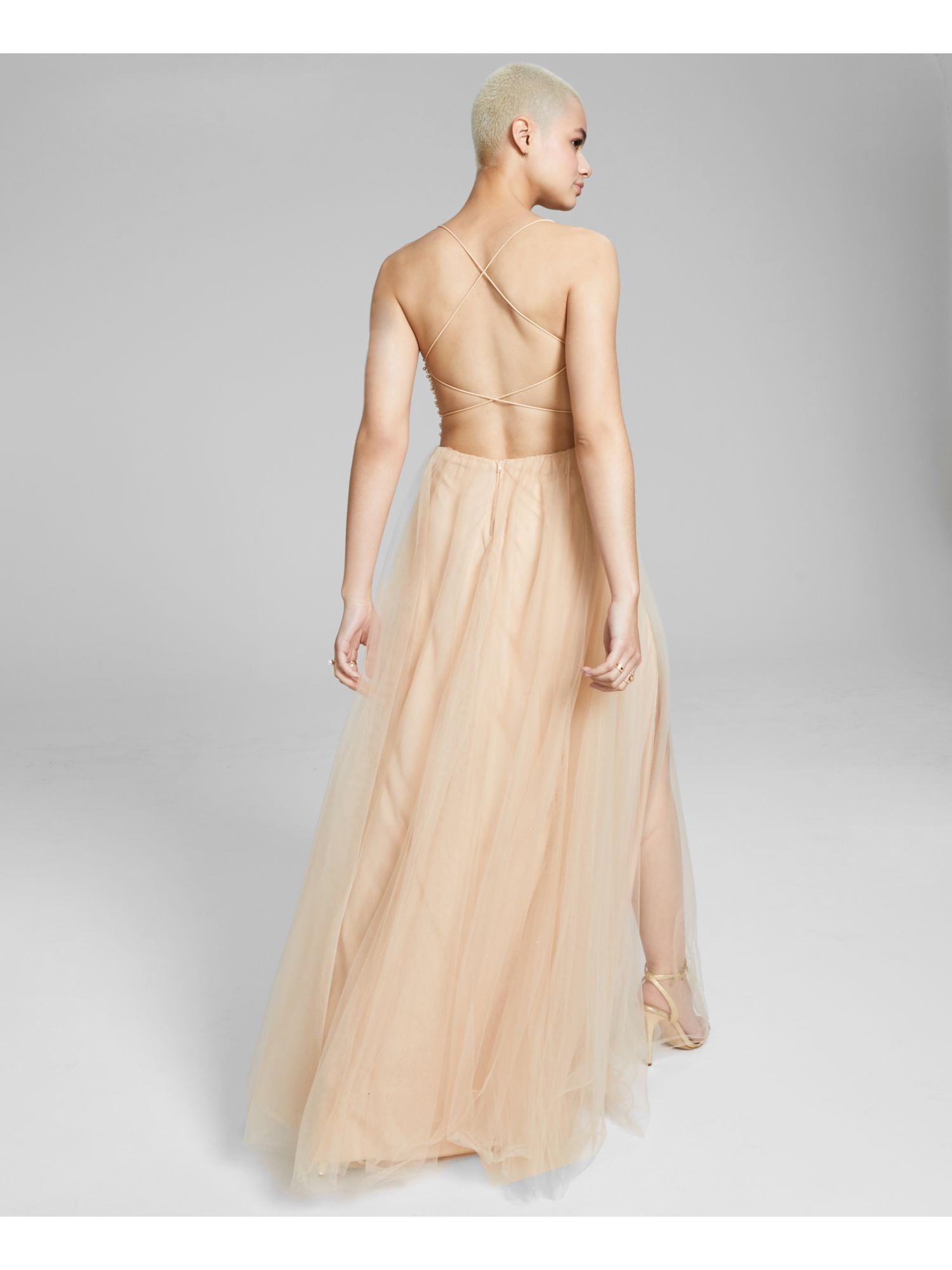 B DARLIN Womens Gold Embellished Zippered Strappy Back Lined Tulle Sleeveless Scoop Neck Full Length Prom