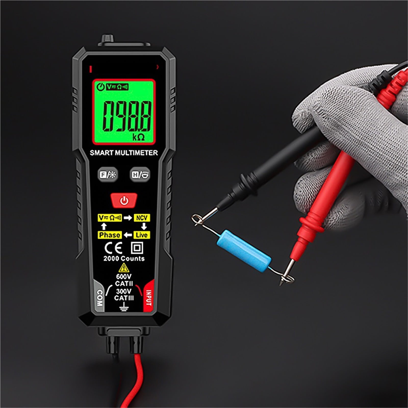 Digital Multimeter TRMS 2000 Counts Ohmmeter Auto-Ranging Backlit LCD Ohm Voltage Tester Meter Live Wire/Continuity Test ,Battery Test