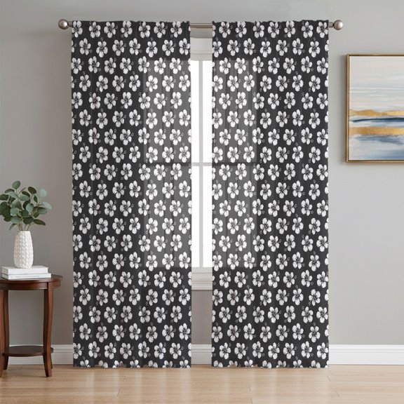 Rustic Floral Sheer Curtains 63 Inch Length 2 Panels Set, Boho Minimalist Flowers Pattern Black Voile Window Treatment Rod Pocket Curtains Sheers Drapes for Bedroom/Living Room/Kitchen 52x"63"x2