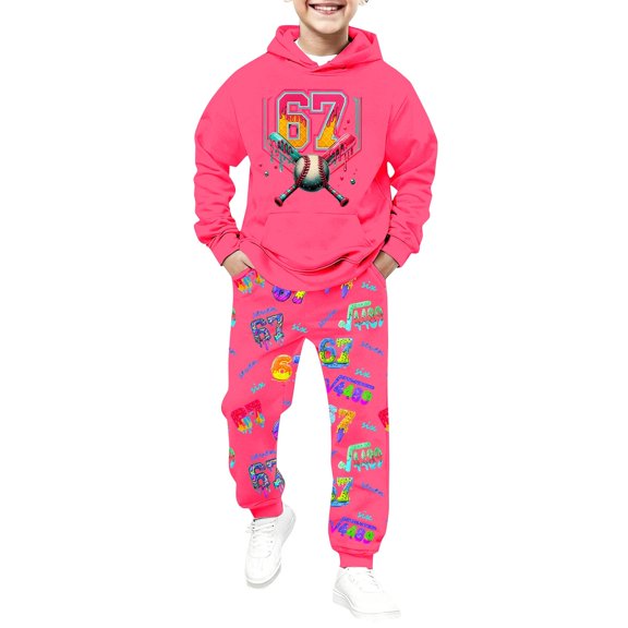 Kids Outfits Set 6 7 Six Seven Letter Outfits Set Comfortable Boys Winter Outfit Warm Hoodie And Jogger Pants With Print Hot Pink 130(6-7 Years)