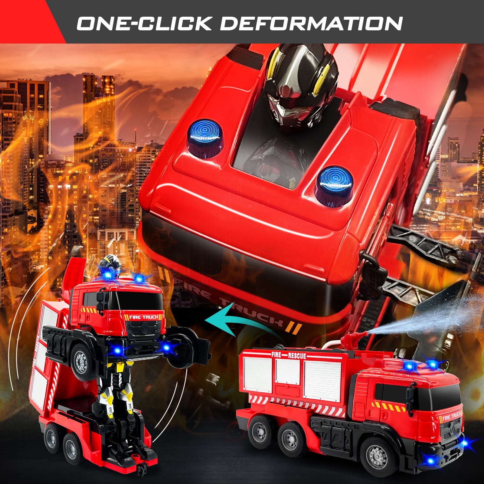 Konijiwa Remote Control Fire Truck with Real Water Spray, Transforming RC Car with LED Lights & Sound for Kids Ages 3-8