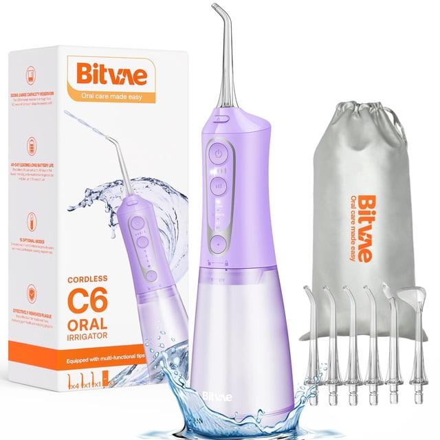 Hilo dental Bitvae, inalámbrico, con 6 puntas de chorro, color morado