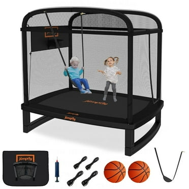 Jumpfly 6FT Rectangle Trampoline for Kids,Toddler with Enclosure Swing&Basketball Hoop,Mini Small Baby Indoor&Outdoor , for Age 3 