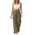thumbnail image 5 of Women's Cotton Blend High Waist Wide Leg Pants, Loose Straight Casual Pants with Tummy Control, Soft Stretchy Fabric, Relaxed Fit Trousers for Office, Lounge, | TruHer,Green L, 5 of 9