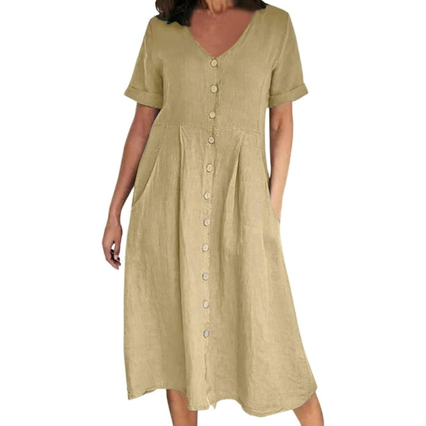 Vestido casual de mujer manga corta traje diario algodón lino básico maxi vestido cuello en V FLhrweasw Nuevo