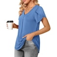 thumbnail image 3 of Women V Neck T Shirt Short Petal Sleeves Back Pleated Midline Loose Fitting Casual Blouses Light Blue XXL, 3 of 5