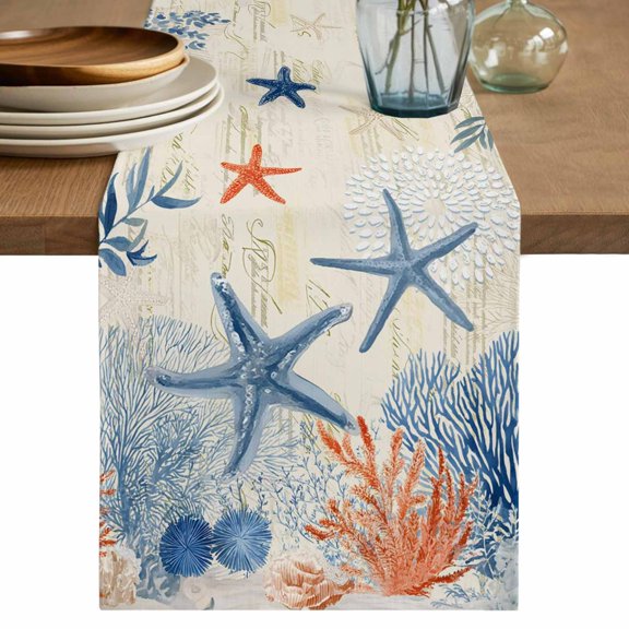 Navy Blue Coastal Table Runner 90 Inches, Nautical Summer Beach Ocean Coral Starfish Bed Runner Dresser Scarves Tabletop for Indoor Outdoor Parties/Ceremony/Banquet, 13" x 90"