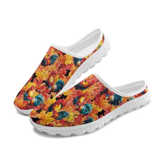 POLERO Hello Fall Maple Leaf Chicken Mules Shoes for Women Open Back Shoes Thanksgiving Holiday Walking Sneakers Arch Support Breathable Slippers Closed Toe Slides for Beach