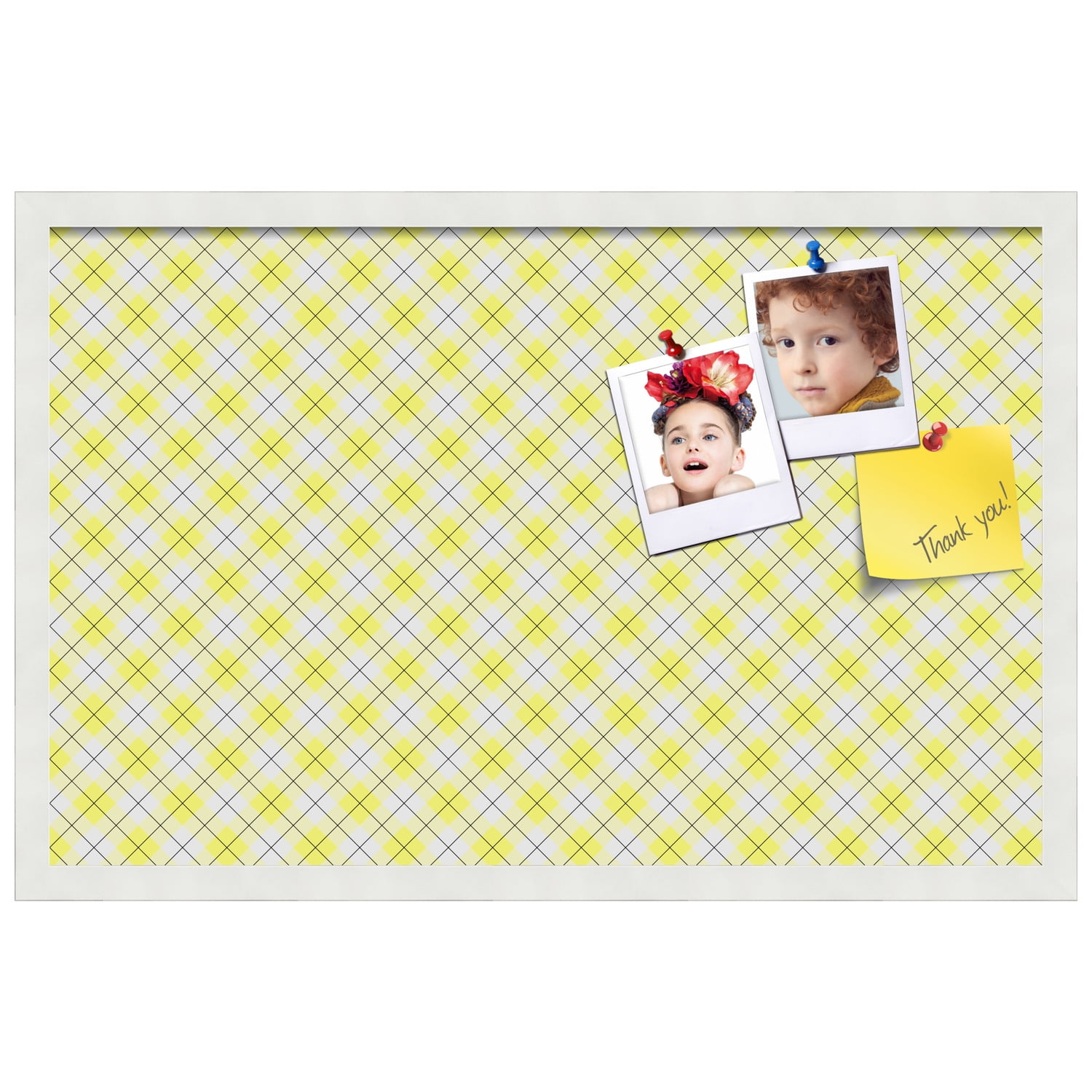 PinPix ArtToFrames 26x16 Custom Cork Bulletin Board Argyle Bright Yellow   Poster Board Has a Fabric Style Canvas Finish, Framed in Satin White Frame (PinPix-647)