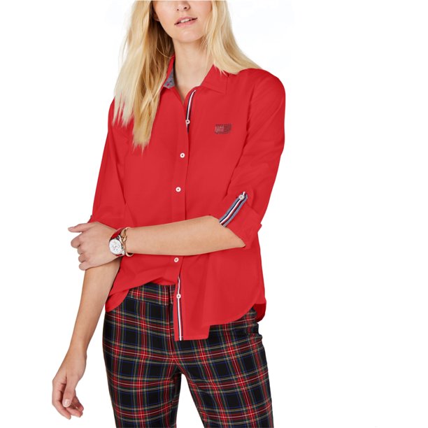 Tommy Hilfiger Camisa con botones y lengüeta enrollable para mujer, rojo, mediano Tommy Hilfiger Camisa con botones