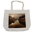 thumbnail image 1 of Nature Shopping Bag, Sunrise over Secluded Rocks in Calm Lake Beaming Sun Reflections on Water Cloudy Sky, Eco-Friendly Reusable Bag for Groceries Beach and More, 15.5" X 14.5", Cream, by Ambesonne, 1 of 2