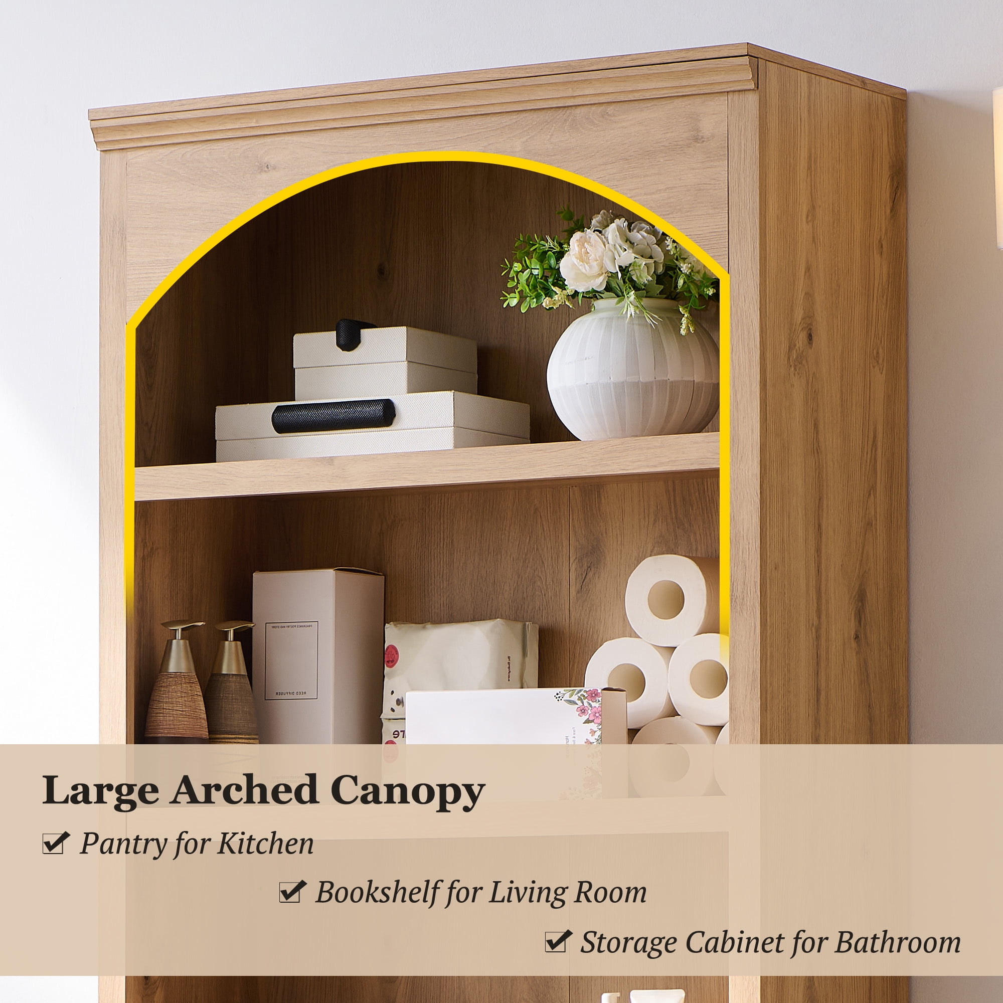 SinCiDo Tall Arched Bathroom Storage Cabinet with Adjustable Shelves, 5-Tier Bathroom Cabinet for Bathroom, Kitchen, Living Room, Natural