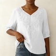thumbnail image 6 of SSZMDLB Women V Neck 3/4 Sleeve Blouse Embroidery Boho Casual Tunic Tops Summer Vacation Outfits Flowy Shirt, White L, 6 of 7