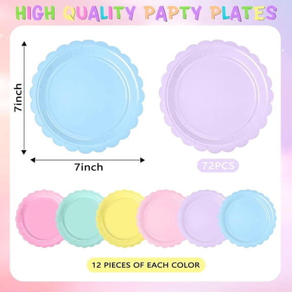 YUYAN-72 Pcs Pastel Scalloped Plates 7 Inch Disposable Pastel Paper Plates Rainbow Party Decorations for Birthday Wedding Baby Shower Colorful Dessert Tableware