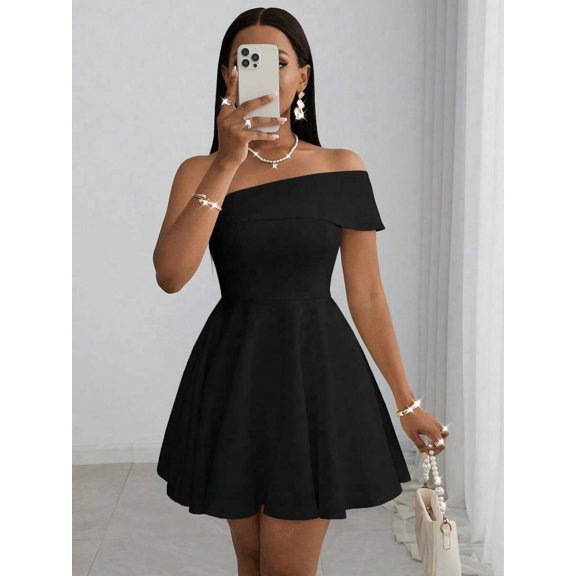 Black Off-Shoulder Fit & Flare Mini Dress For Party Wedding Dinner