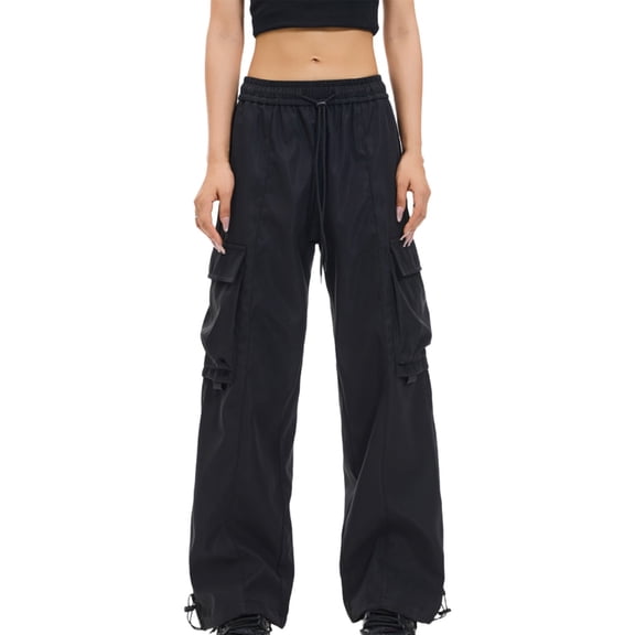 RYRJJ Cargo Pants Women Elastic High Waisted Parachute Hiking Pants with Multi Pockets Drawstring Lightweight Y2K Wide Leg Baggy Pants(z2-Black,XL)