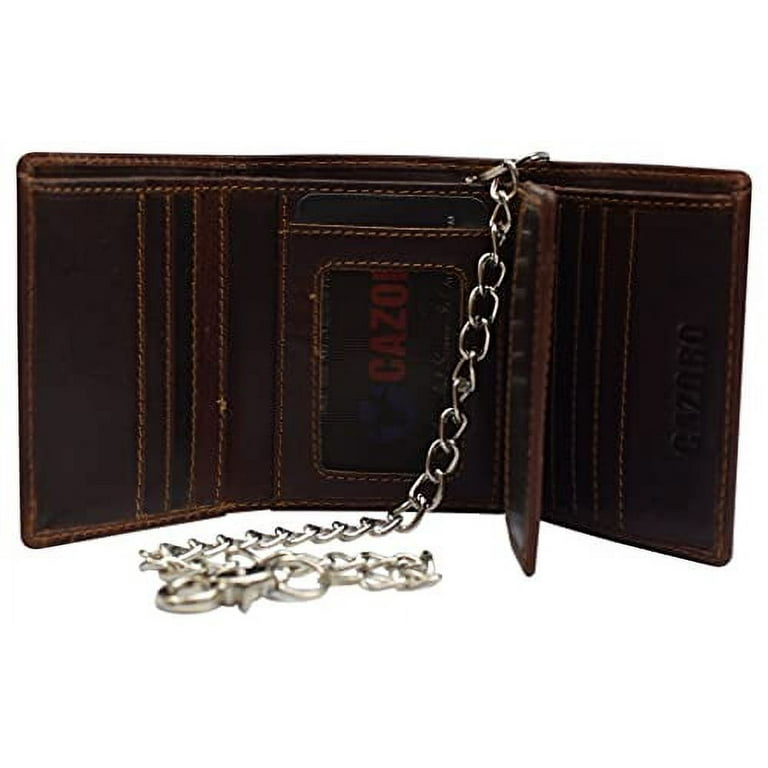 RFID Blocking Men's Classic Biker Chain Trifold Crazy Horse