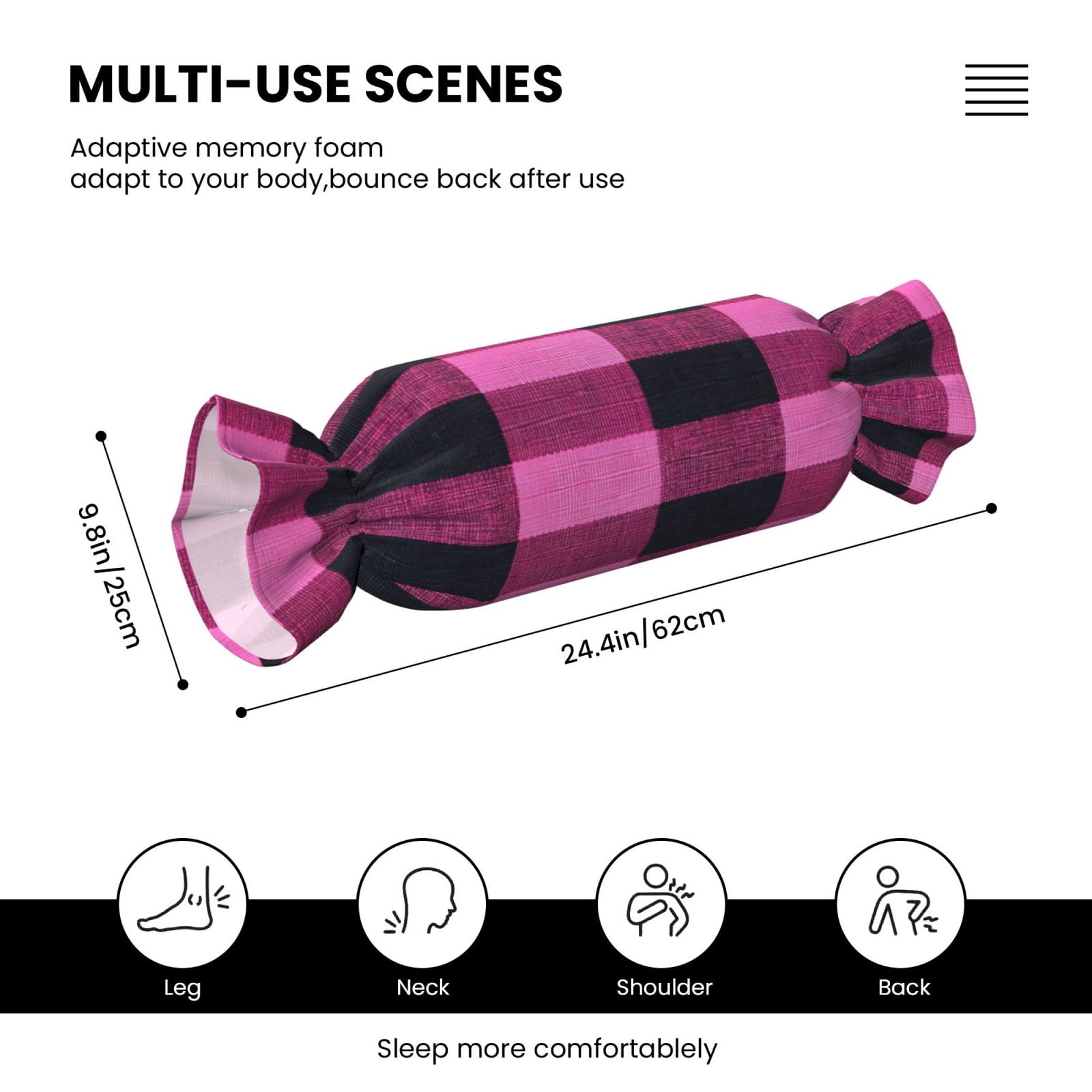 Candy Throw Pillow Travel Cervical Pillow Cylindrical Neck Body Cushion With Insert For Bed Couch Home Decor 9.8x24.4in Hotpink Buffalo Plaid Check Tartan Scotland_2