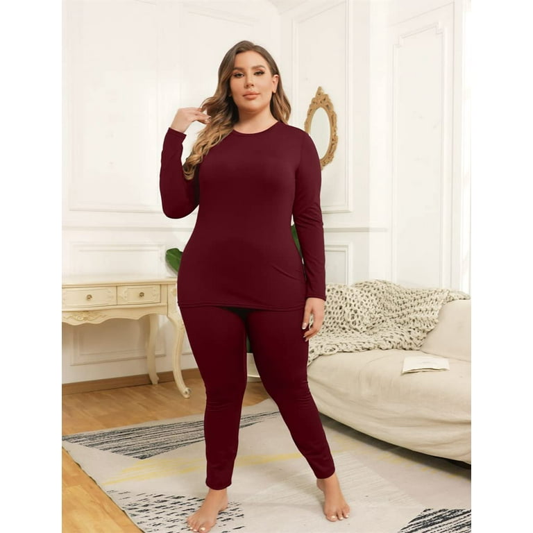 TIYOMI Plus Size Wine Red Thermal Underwear For Women Crewneck Thermal  TopLong Johns Fleece Lined Base Layer Top and Bottom Sets Fall Winter  Pajama