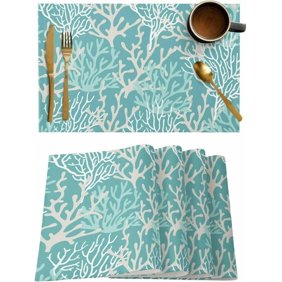 Turquoise Geometric Coral Placemats Set of 6,Washable Woven Burlap Cloth Fabric Placemat for Square/Rectangle/Round/Oval Dining Table,Easy Clean Place Mats for Kids Contemporary Minimalist White