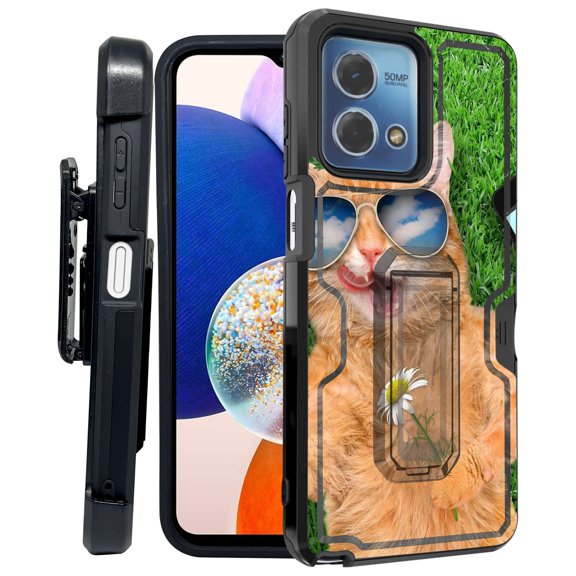 ANJ  Rugged Shockproof Kickstand Hybrid Case with Card Slot and Holster   Tempered Glass Cover for Motorola Moto G Stylus 5G (2023) - Funny Cat