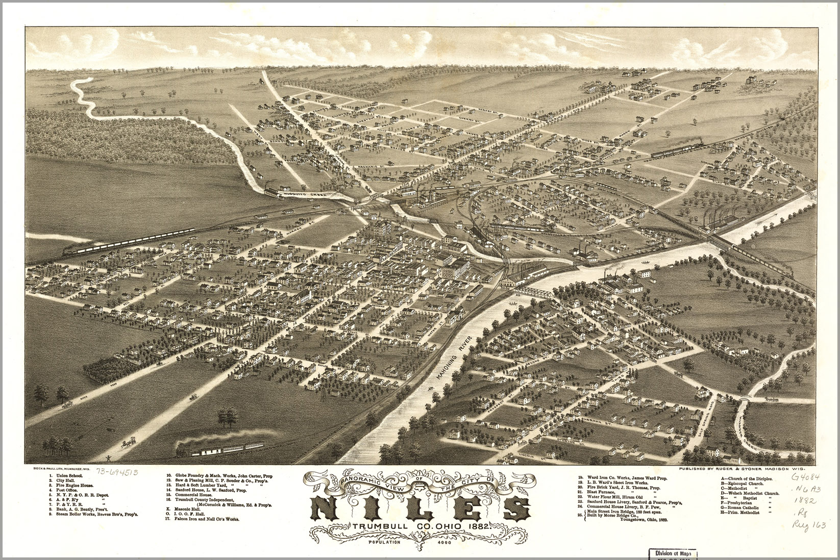 24"x36" Gallery Poster, Panoramic map of Niles, Ohio 1882