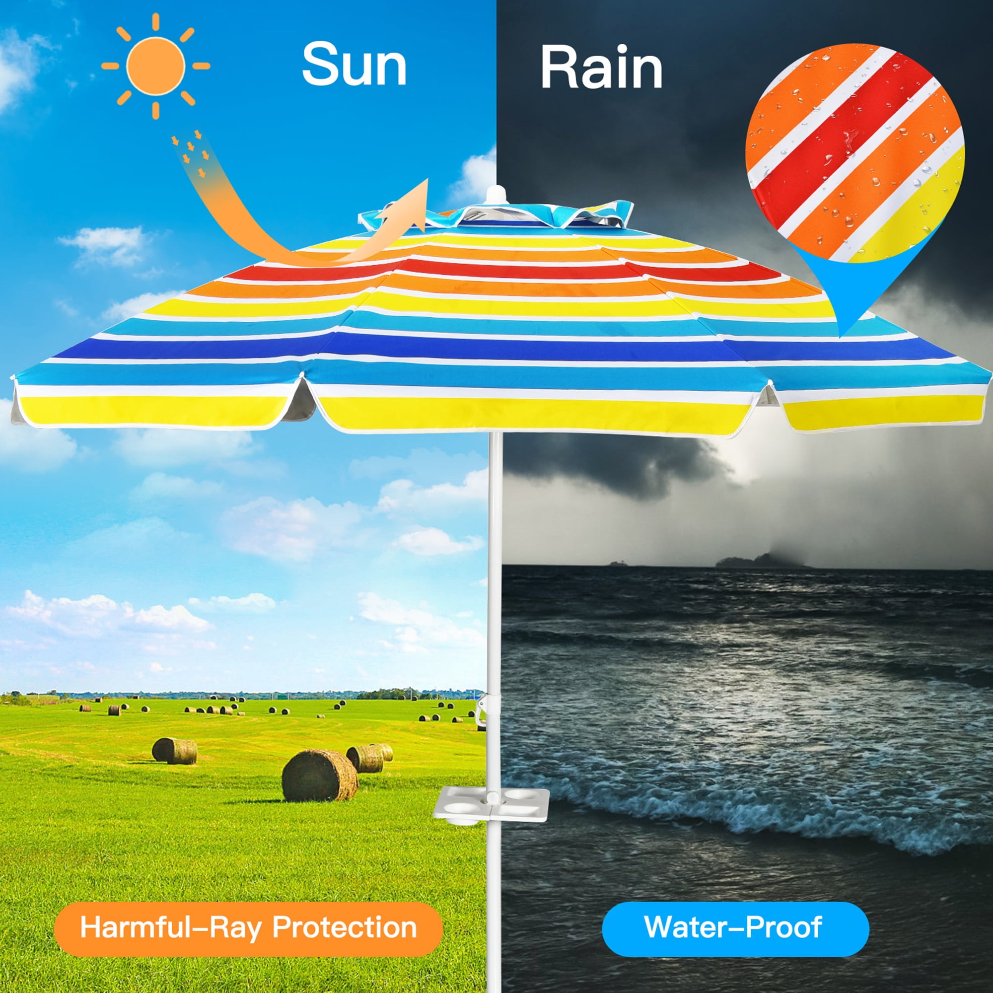 Gymax 7.2ft Beach Umbrella Outdoor Patio Garden w/ Carrying Bag Sand Anchor Rainbow
