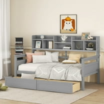 AENKYO Twin Size Wooden Daybed Bed Frame with 2 Storage Drawers and Headboard Shelf, Solid Wood Sofa Bed, Gray